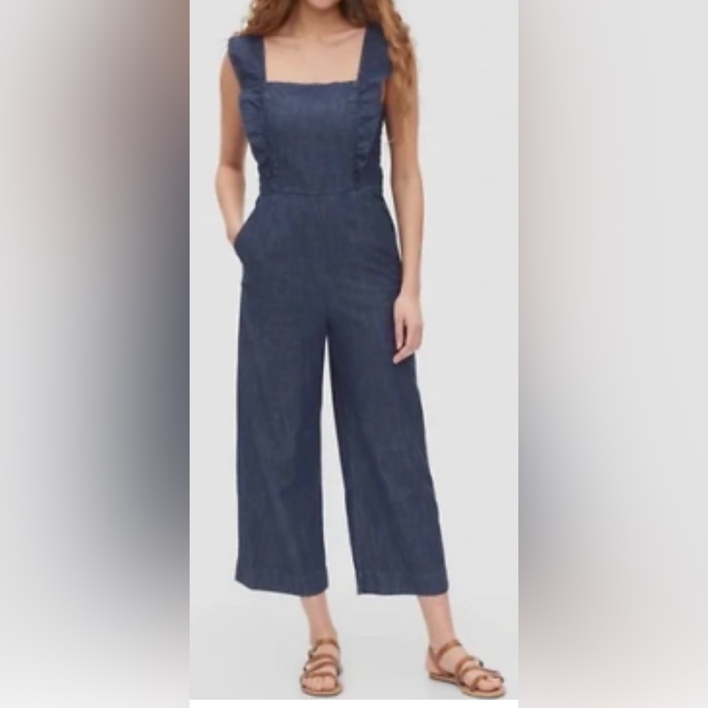 Gap Blue Apron Denim Wide Leg Ruffle Jumpsuit Pockets